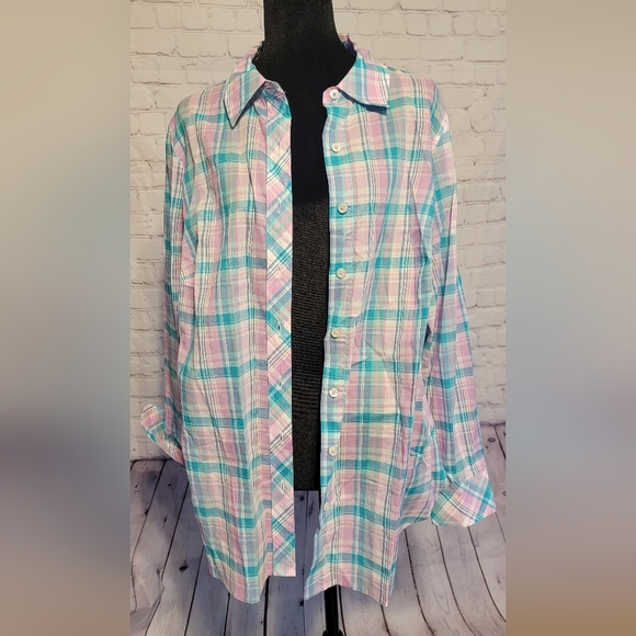 Talbots Tops - Talbots Pastel Plaid Button-Up Shirt in Pink and Teal